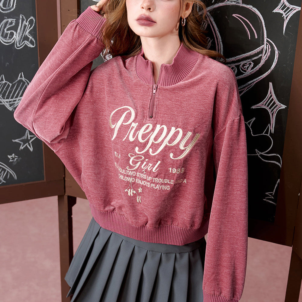 ELFSACK 2024 Autumn New Arrivals American retro pink half zipper short long sleeve sweatshirt for women