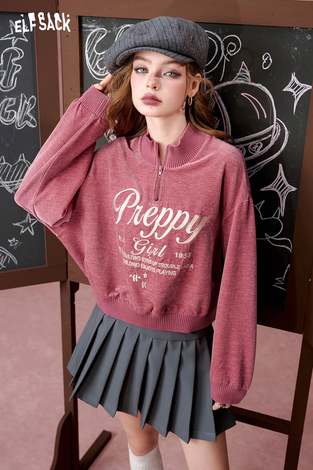 ELFSACK American retro pink half zipper short long sleeve sweatshirt