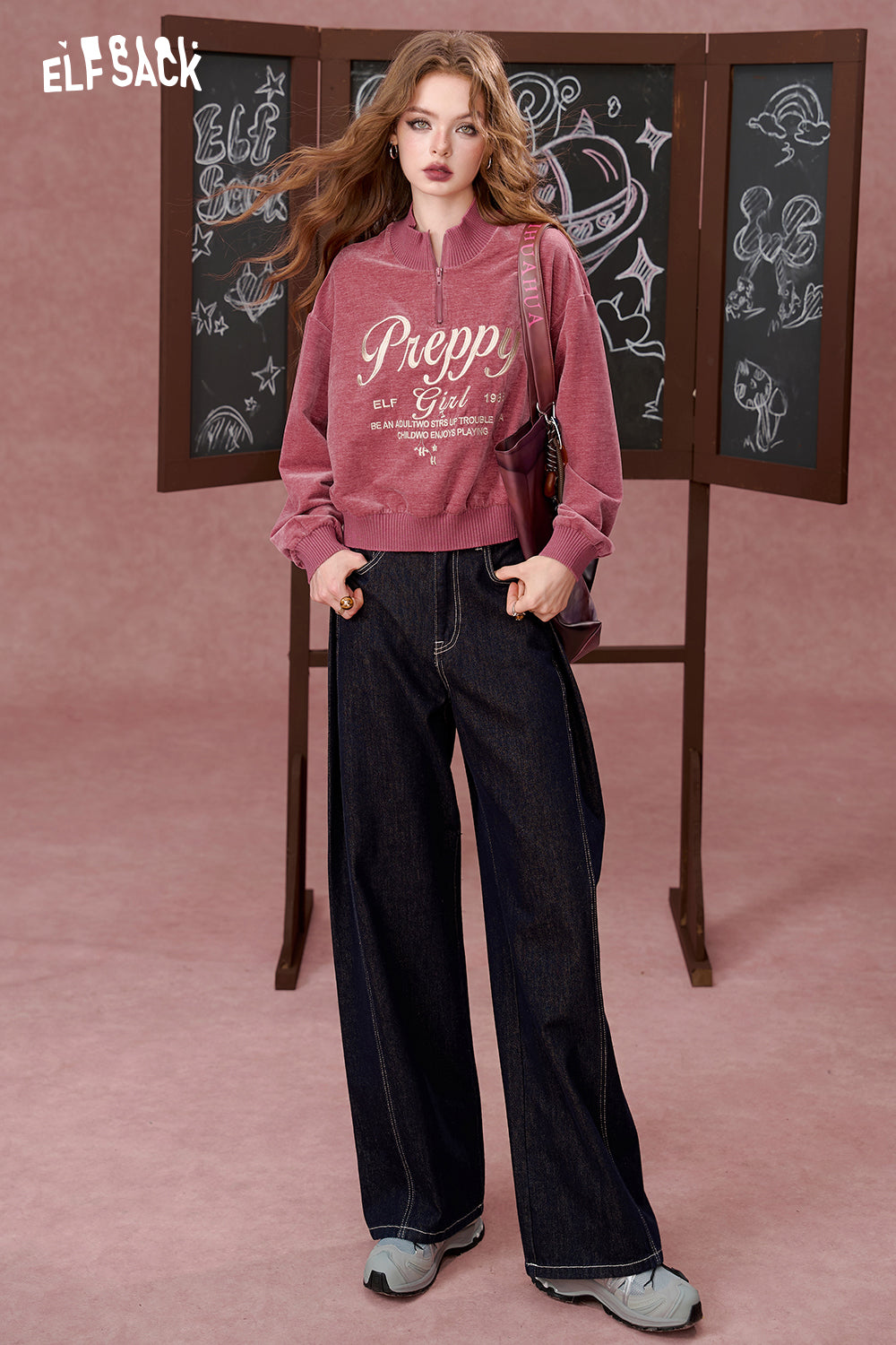 ELFSACK American retro pink half zipper short long sleeve sweatshirt