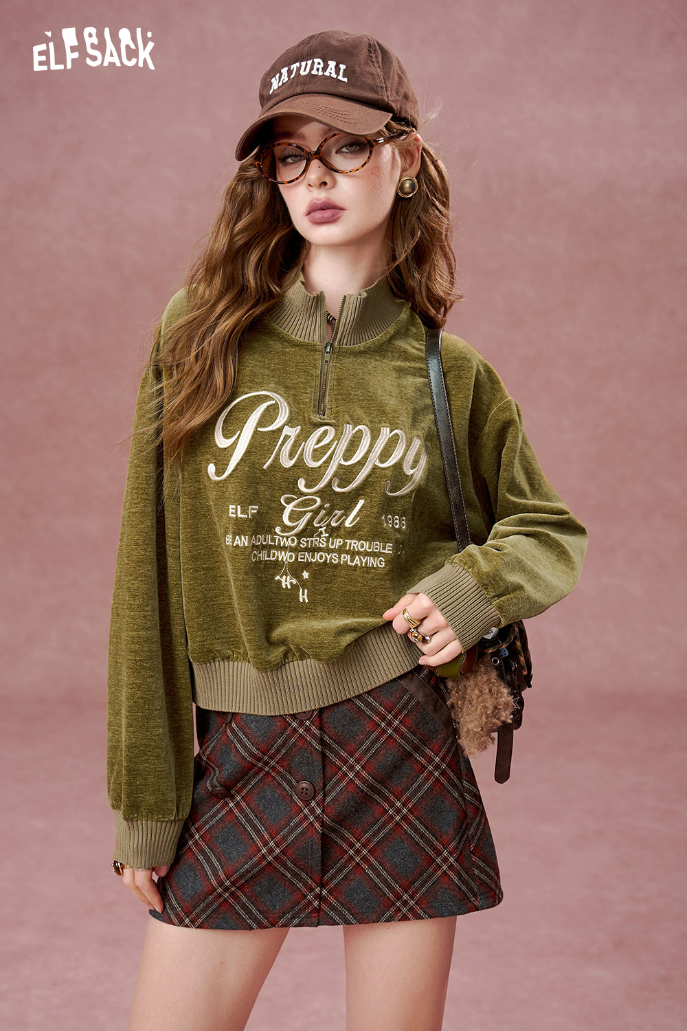 ELFSACK American retro pink half zipper short long sleeve sweatshirt