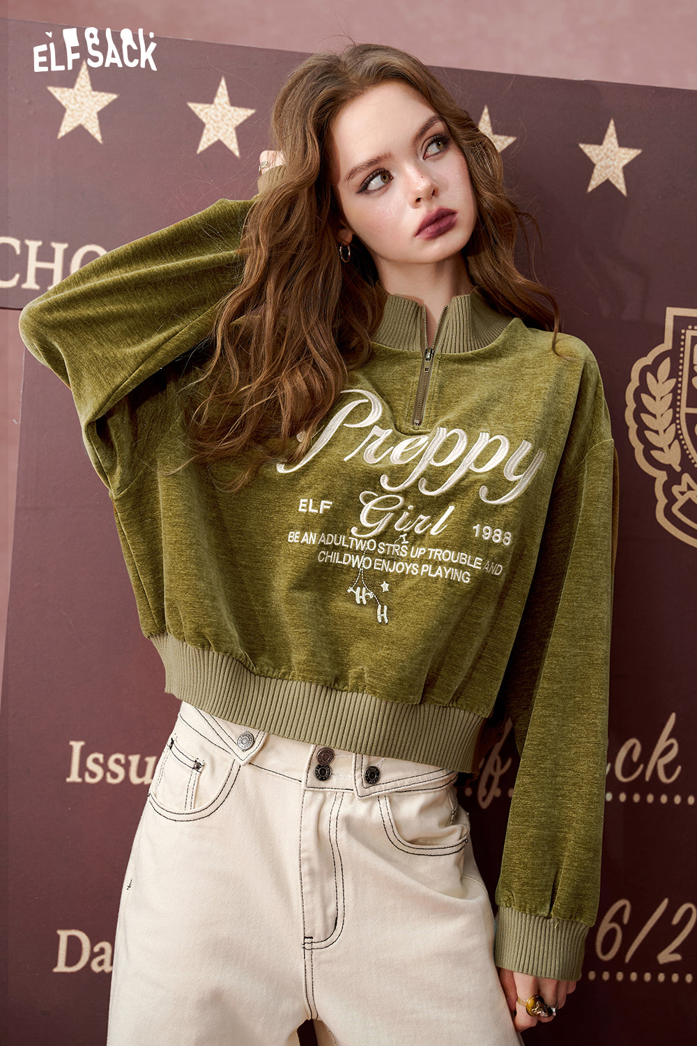 ELFSACK American retro pink half zipper short long sleeve sweatshirt