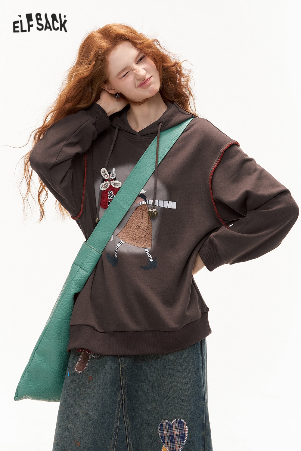 ELFSACK 2024 Autumn New Arrivals Fun Print Casual Hoodie for Women Loose Thin Sweatshirt