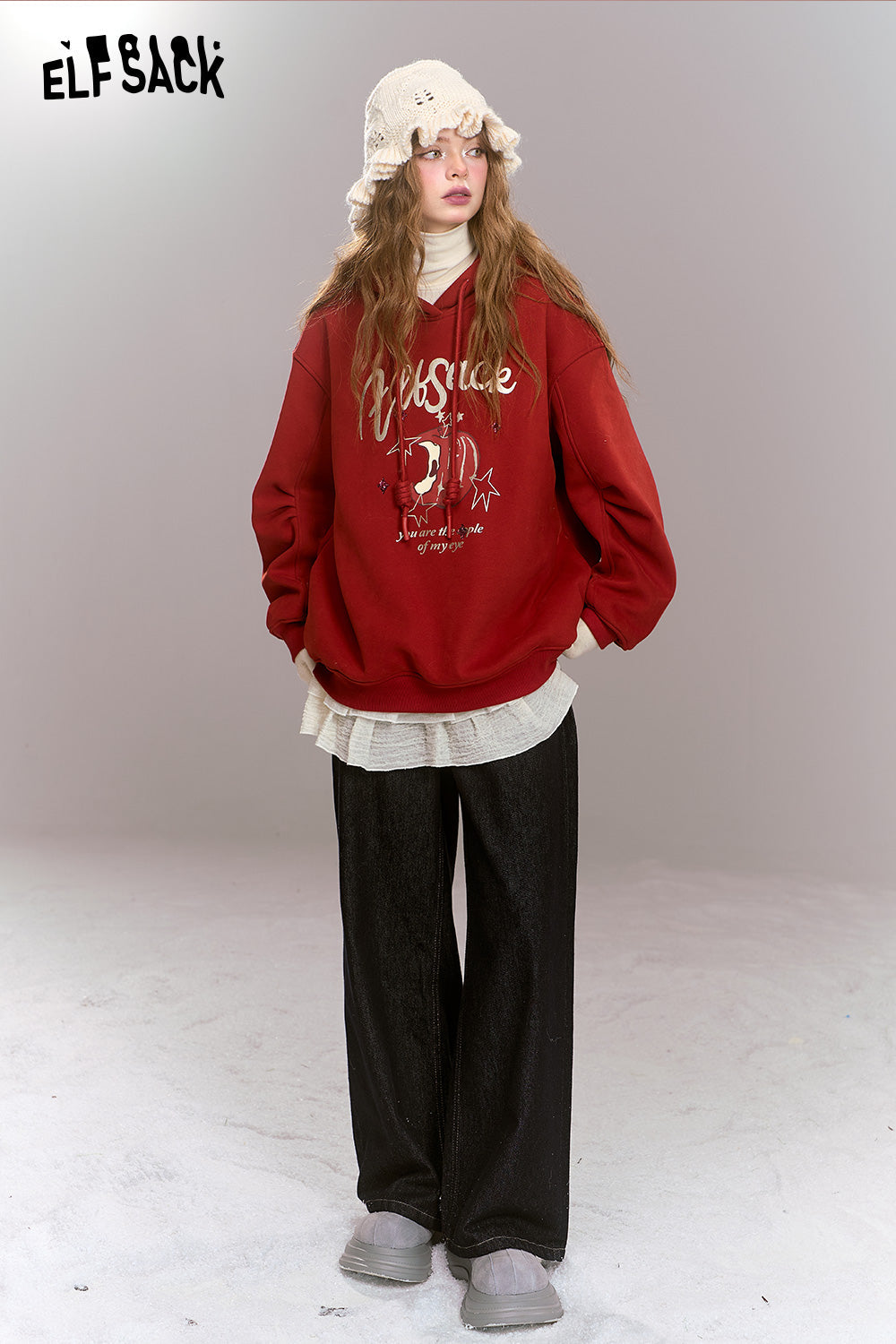ELFSACK Sweet Preppy style cartoon print hooded thick warm fleece-lined hoodie