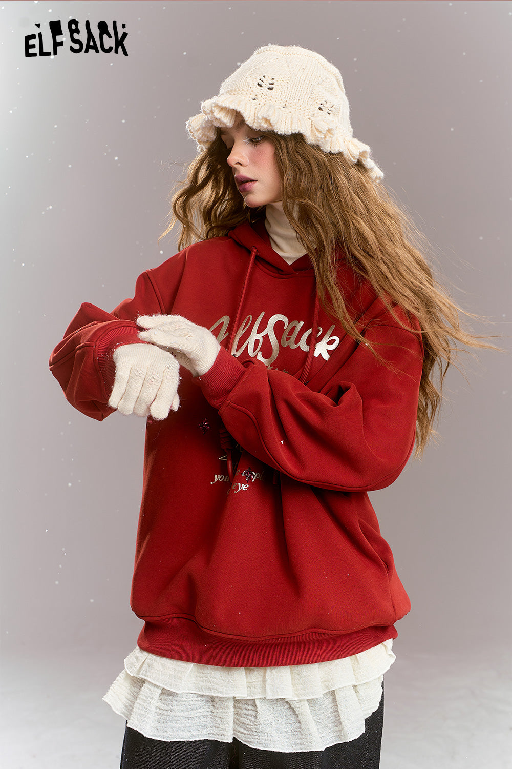 ELFSACK Sweet Preppy style cartoon print hooded thick warm fleece-lined hoodie
