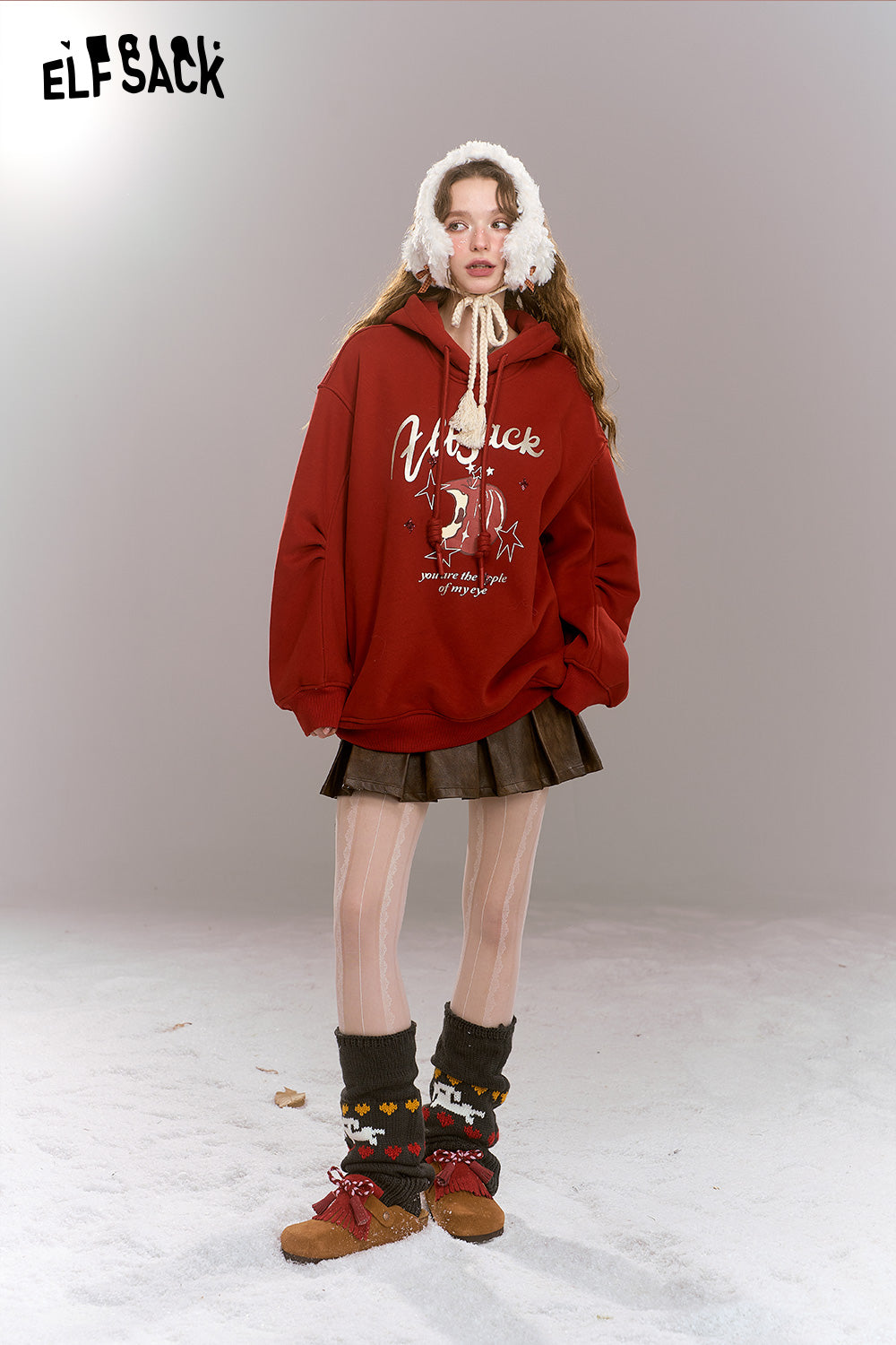 ELFSACK Sweet Preppy style cartoon print hooded thick warm fleece-lined hoodie