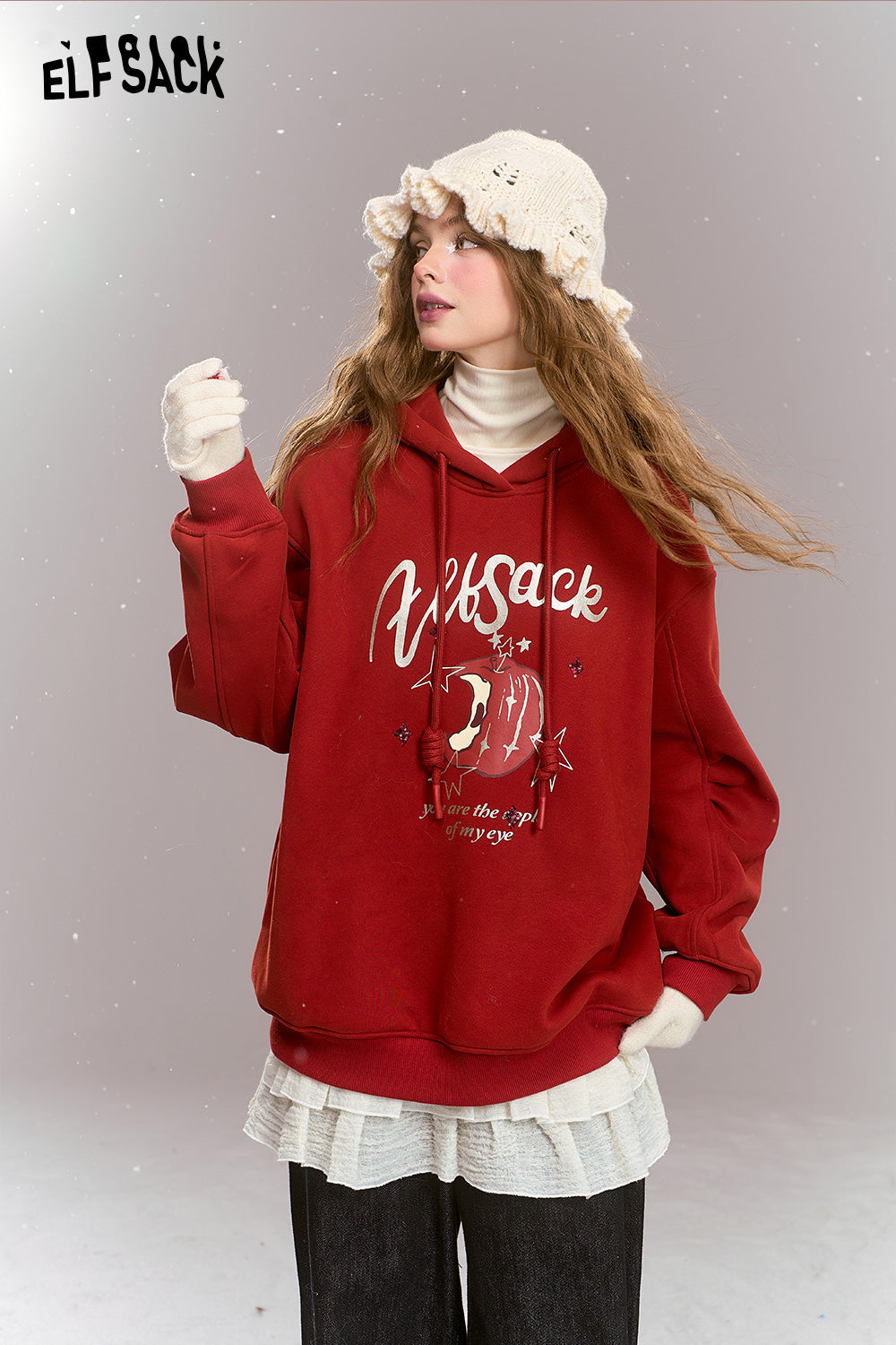 ELFSACK Sweet Preppy style cartoon print hooded thick warm fleece-lined hoodie