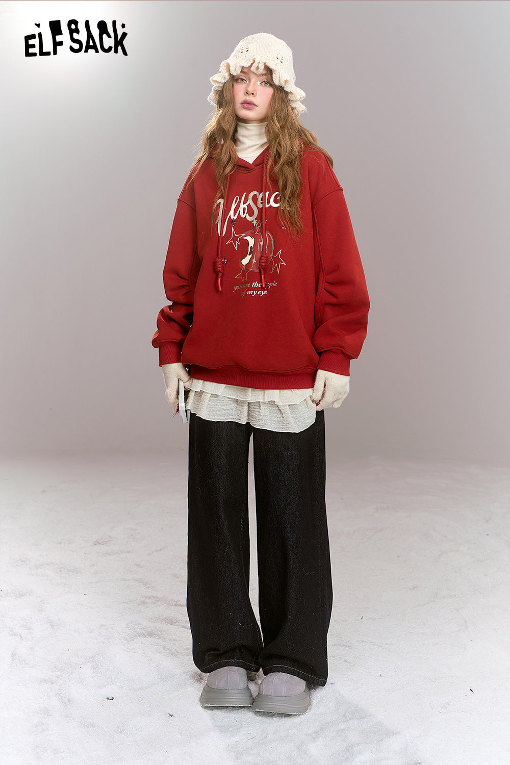 ELFSACK Sweet Preppy style cartoon print hooded thick warm fleece-lined hoodie