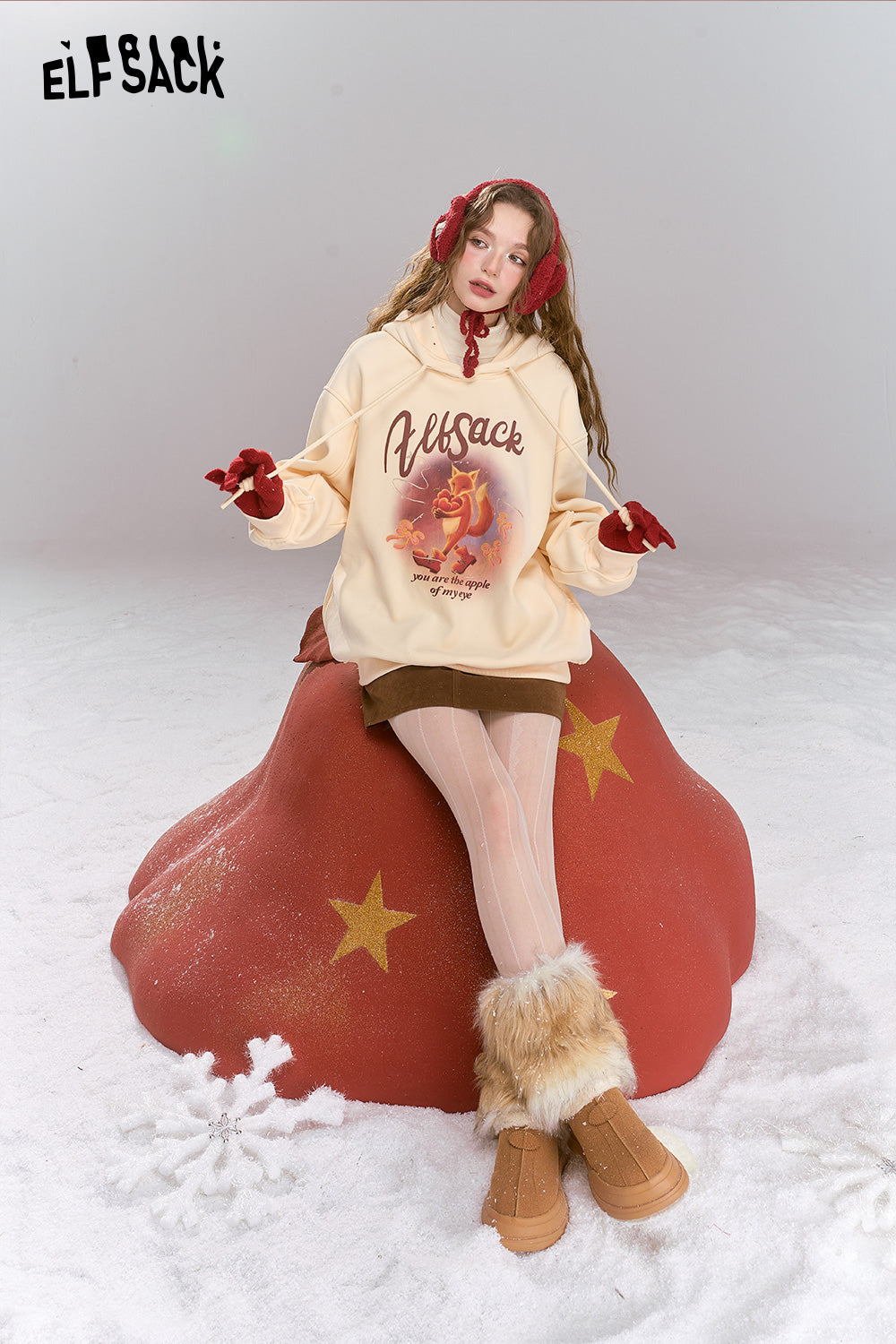 ELFSACK Sweet Preppy style cartoon print hooded thick warm fleece-lined hoodie