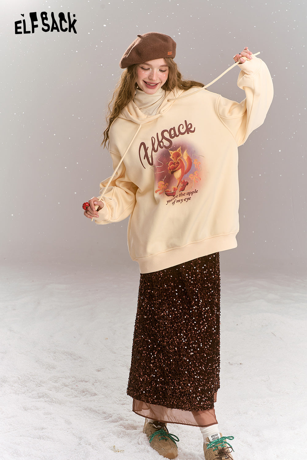 ELFSACK Sweet Preppy style cartoon print hooded thick warm fleece-lined hoodie