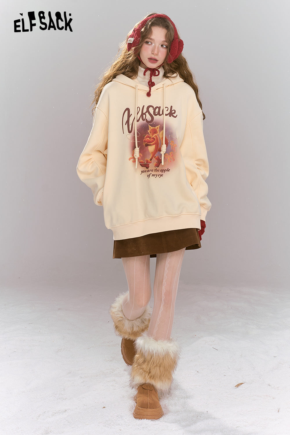 ELFSACK Sweet Preppy style cartoon print hooded thick warm fleece-lined hoodie