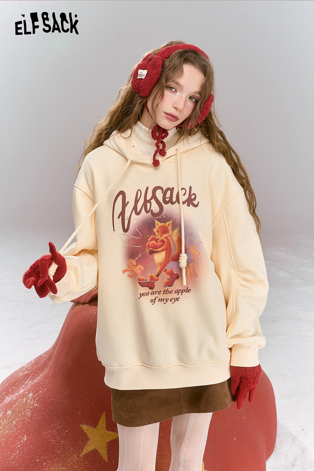 ELFSACK Sweet Preppy style cartoon print hooded thick warm fleece-lined hoodie