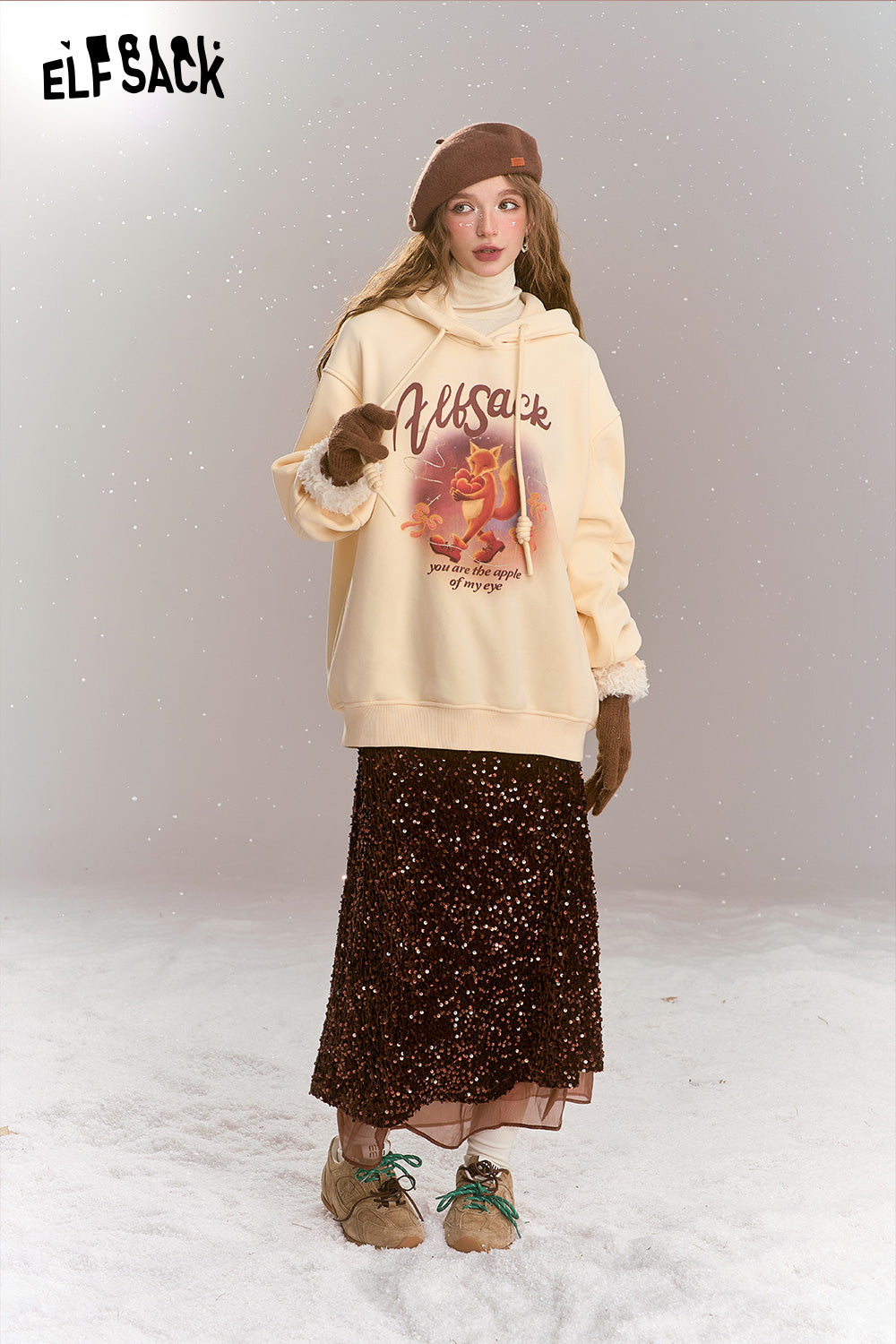 ELFSACK Sweet Preppy style cartoon print hooded thick warm fleece-lined hoodie