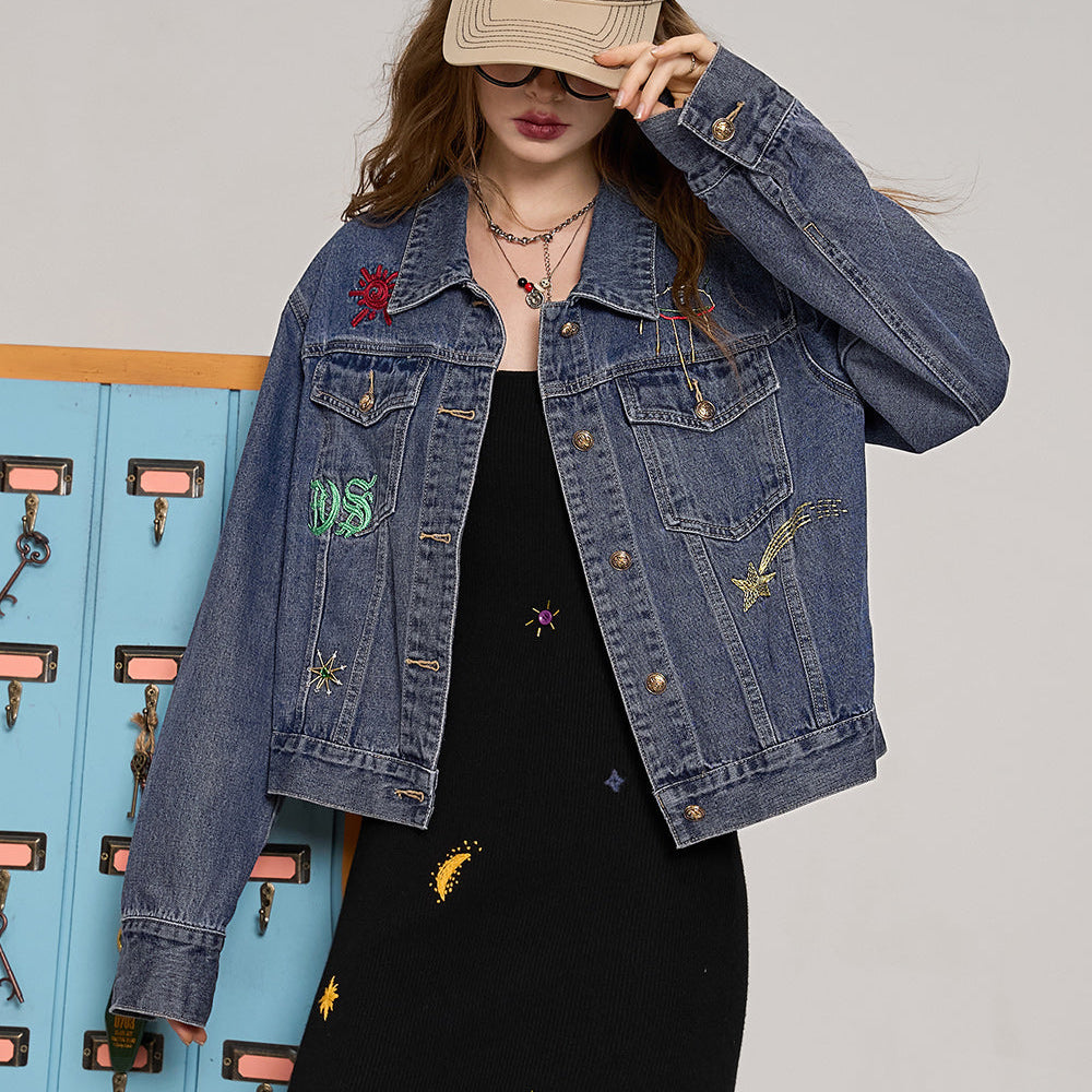 ELFSACK 2024 Autumn New Arrive Blue purple retro casual all-match American embroidered denim short jacket for women