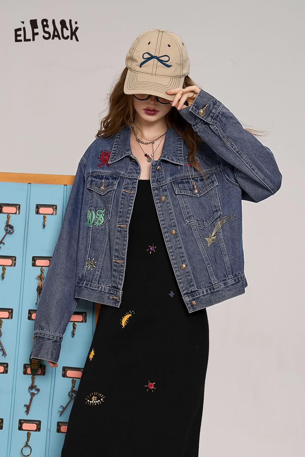 ELFSACK Blue purple retro casual all-match American embroidered denim short jacket