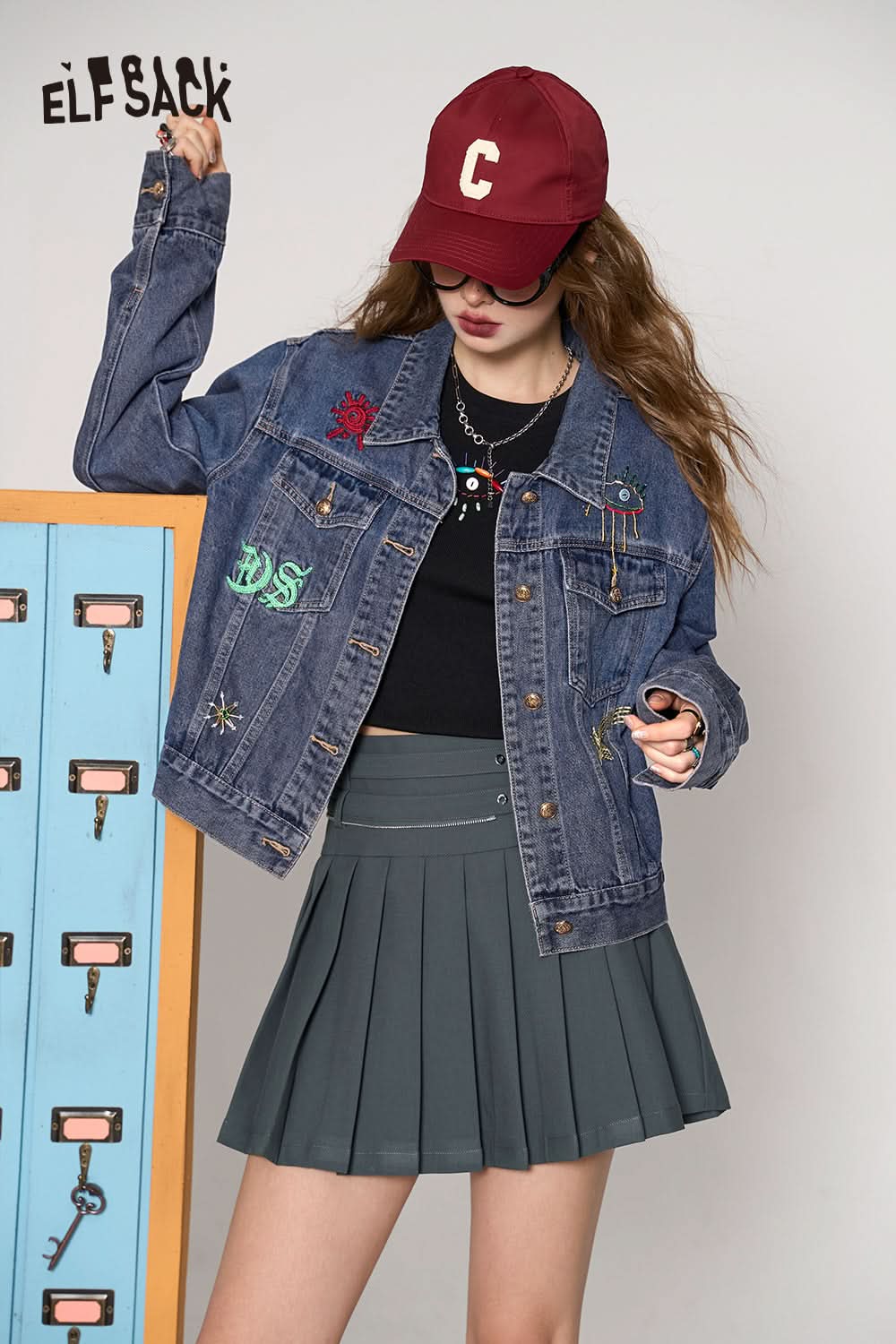 ELFSACK Blue purple retro casual all-match American embroidered denim short jacket