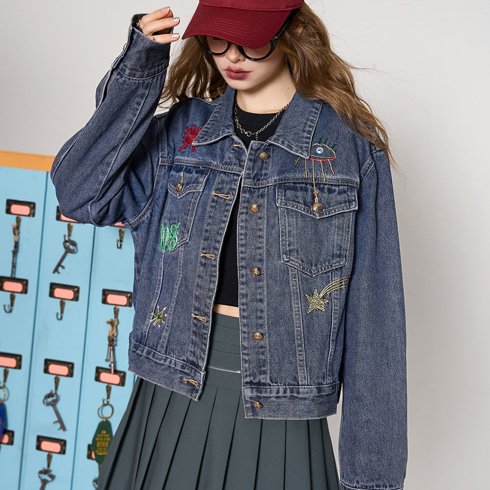 
                  
                    ELFSACK 2024 Autumn New Arrive Blue purple retro casual all-match American embroidered denim short jacket for women
                  
                