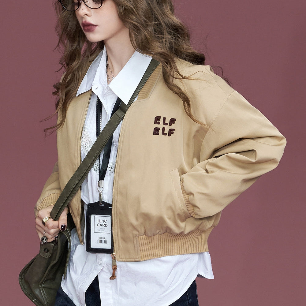 
                  
                    ELFSACK 2024 Autumn New Arrivals Khaki jacket logo American retro baseball jacket short zipper jacket for women
                  
                