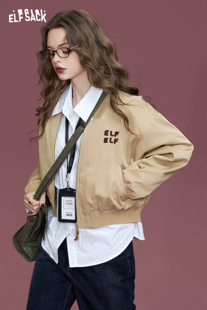 
                  
                    ELFSACK 2024 Autumn New Arrivals Khaki jacket logo American retro baseball jacket short zipper jacket for women
                  
                