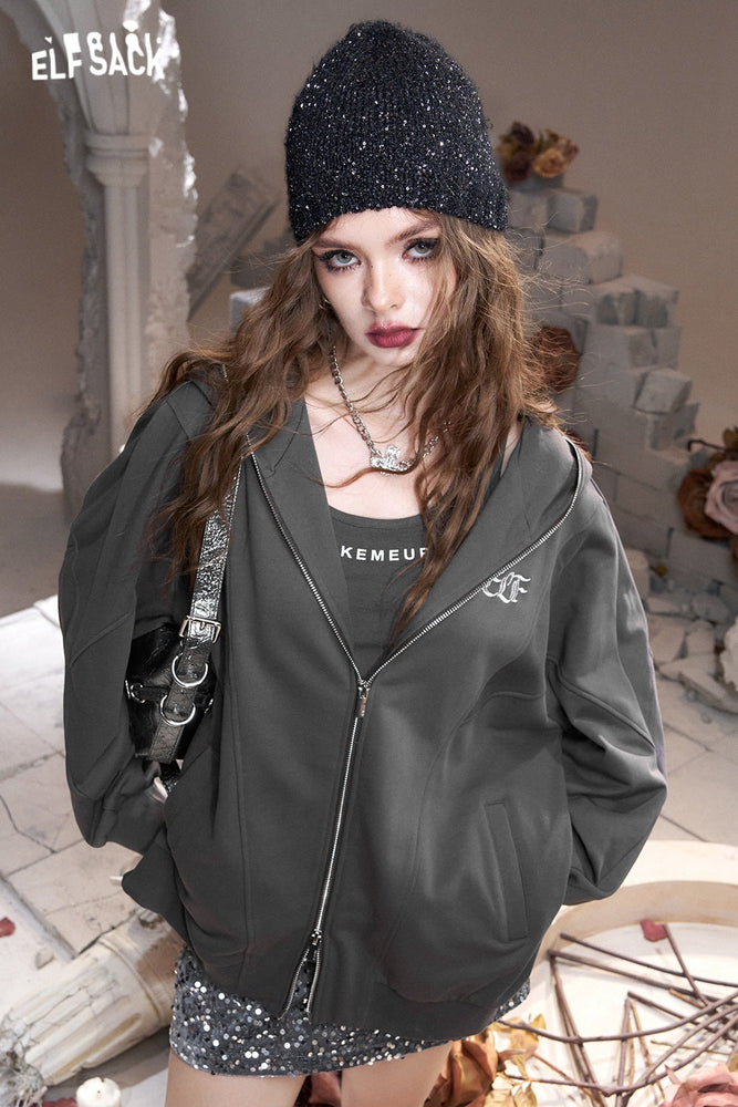 
                  
                    ELFSACK 2024 Autumn New Arrivals Silver Butterfly Print Loose Deconstructed Hooded Sweatshirt Zipper Short Jacket for Women
                  
                