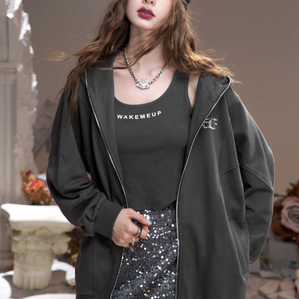 
                  
                    ELFSACK 2024 Autumn New Arrivals Silver Butterfly Print Loose Deconstructed Hooded Sweatshirt Zipper Short Jacket for Women
                  
                