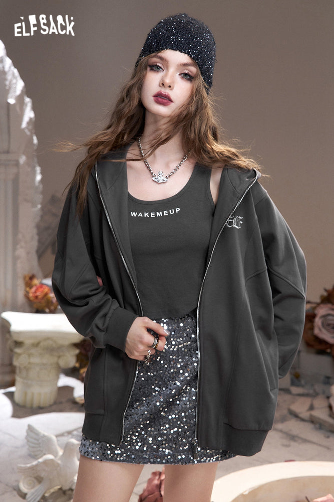 
                  
                    ELFSACK 2024 Autumn New Arrivals Silver Butterfly Print Loose Deconstructed Hooded Sweatshirt Zipper Short Jacket for Women
                  
                