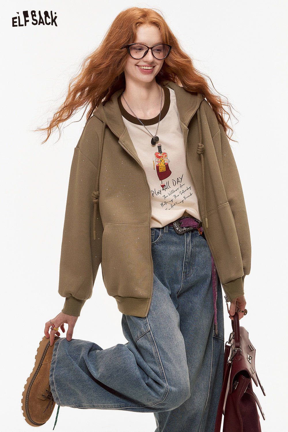 ELFSACK Silver Thread Knit Hoodie Jacket Casual Korean Style