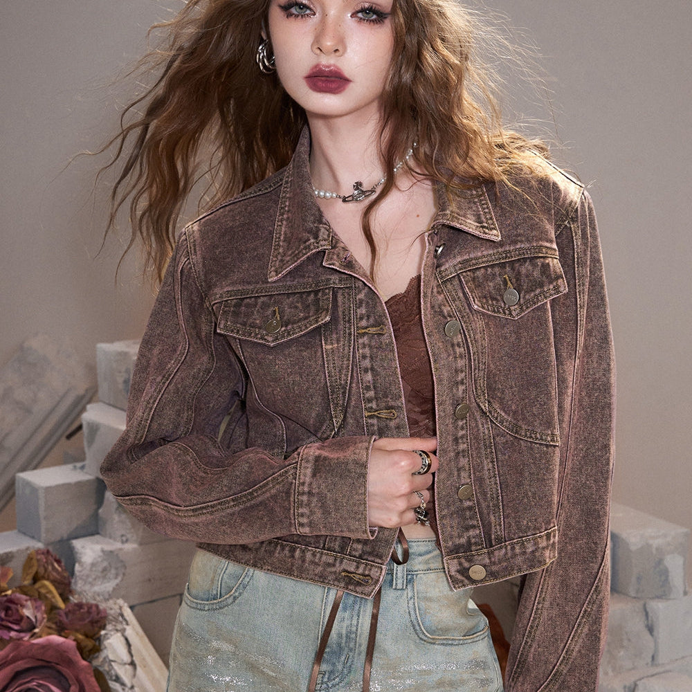 ELFSACK 2024 Autumn New Arrivals Green retro American lapel sweet cool wasteland style denim short jacket for women