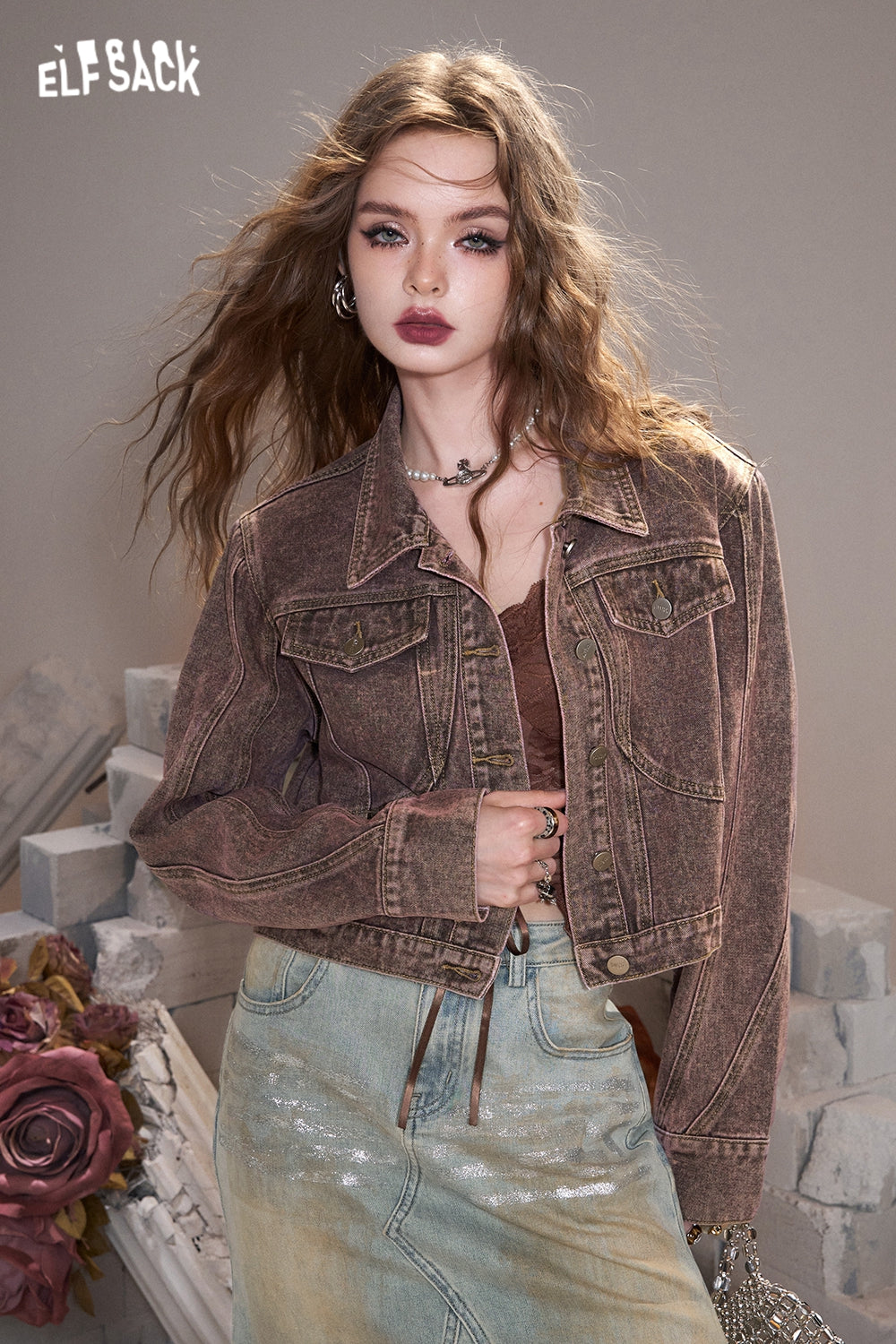 ELFSACK Green retro American lapel sweet cool wasteland style denim short jacket