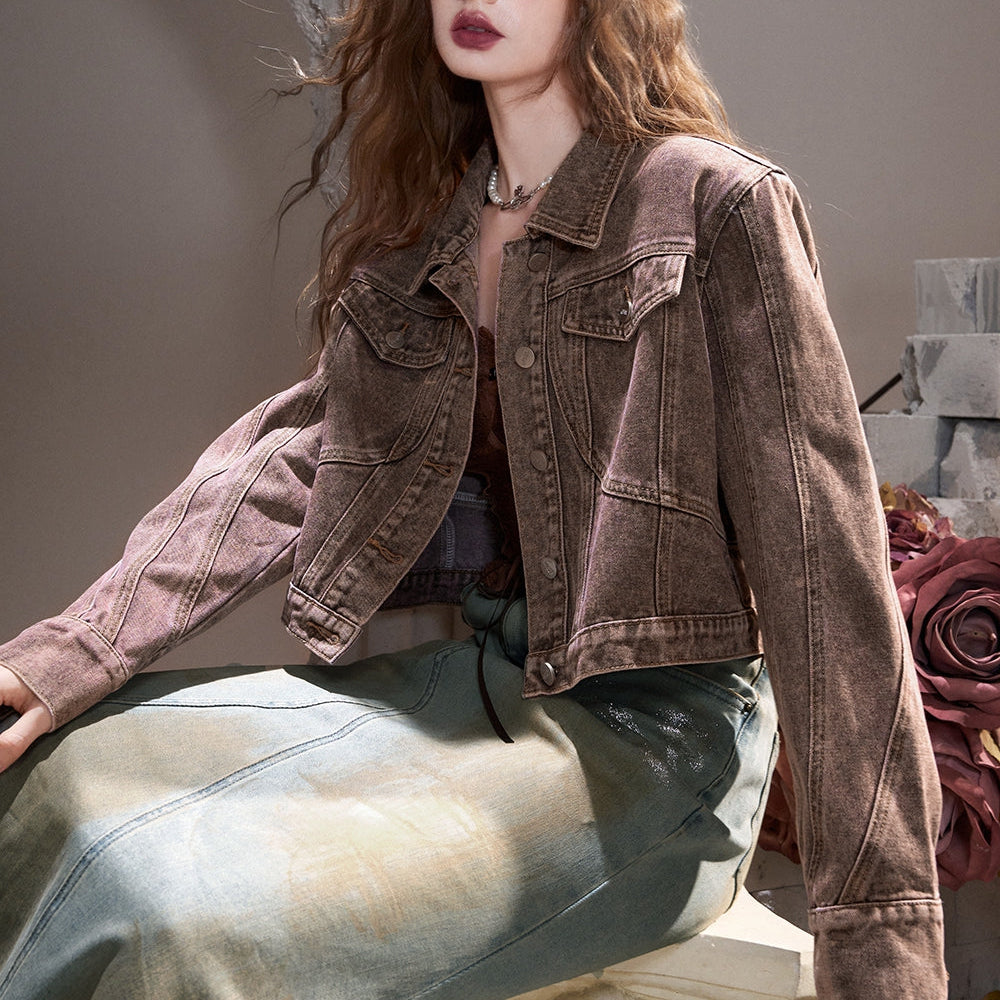 ELFSACK 2024 Autumn New Arrivals Green retro American lapel sweet cool wasteland style denim short jacket for women