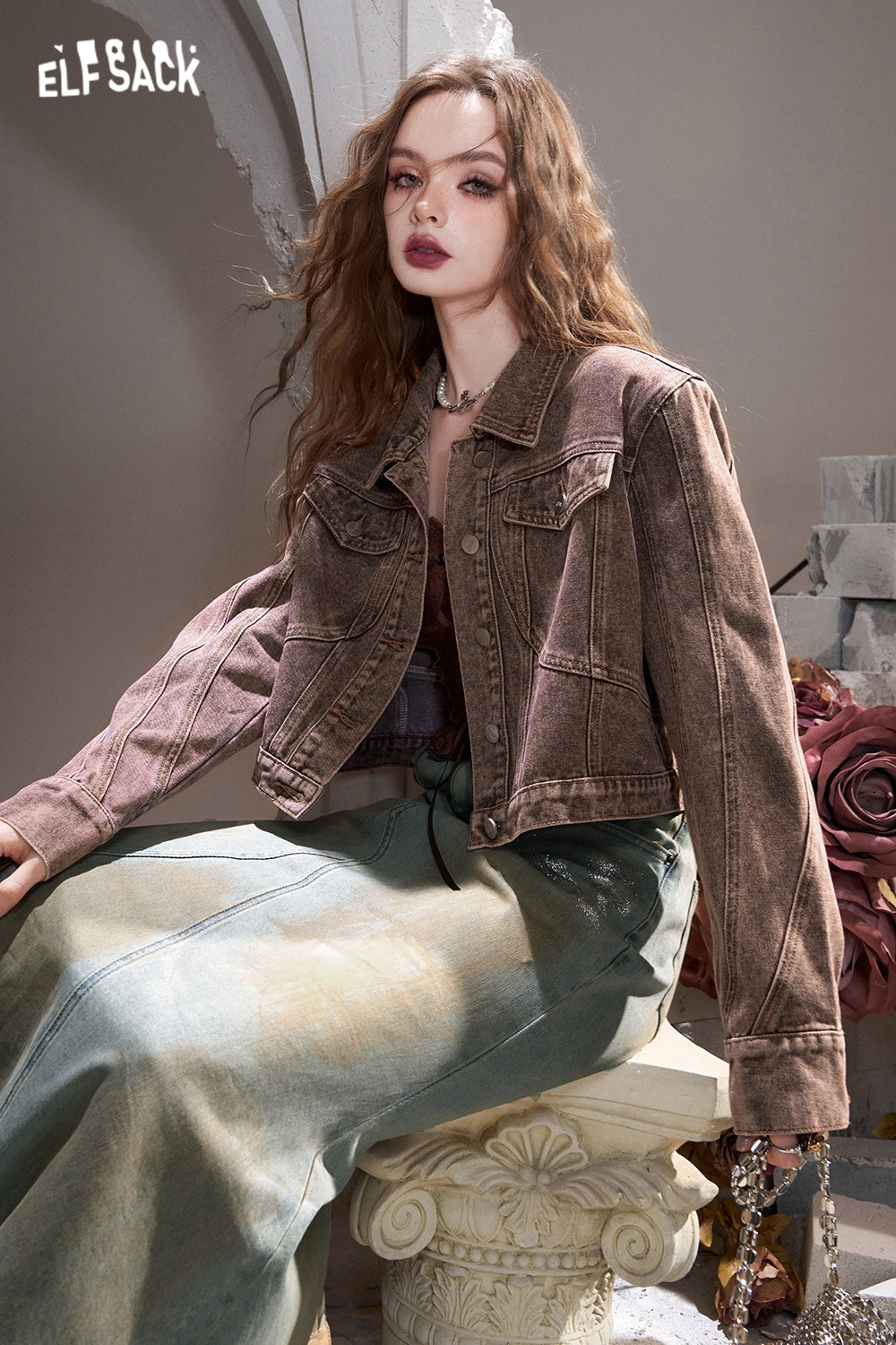ELFSACK Green retro American lapel sweet cool wasteland style denim short jacket
