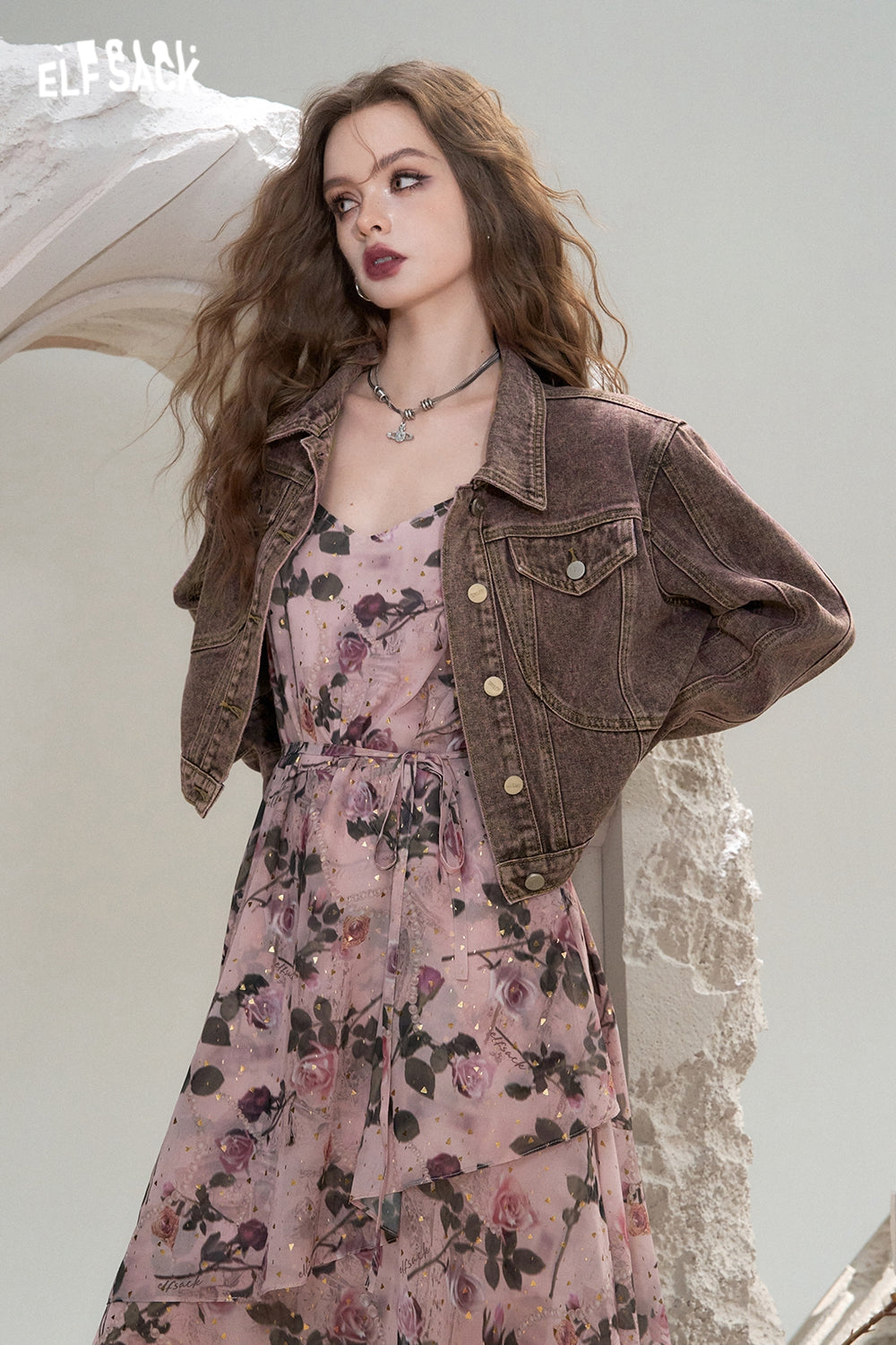 ELFSACK Green retro American lapel sweet cool wasteland style denim short jacket