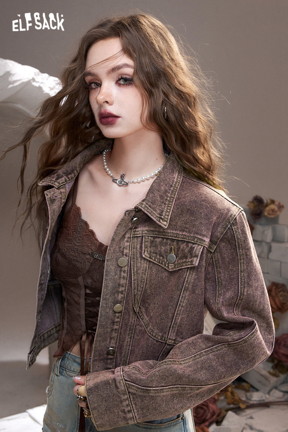 ELFSACK Green retro American lapel sweet cool wasteland style denim short jacket