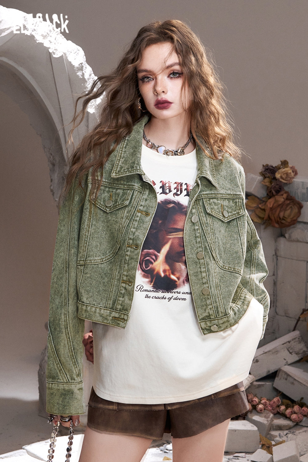 ELFSACK Green retro American lapel sweet cool wasteland style denim short jacket