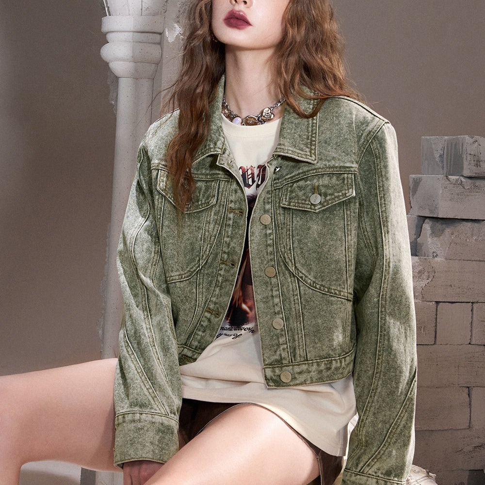 
                  
                    ELFSACK 2024 Autumn New Arrivals Green retro American lapel sweet cool wasteland style denim short jacket for women
                  
                