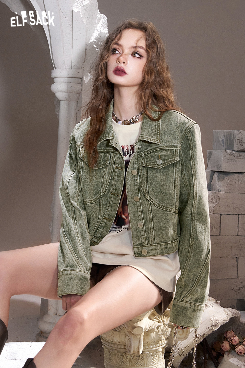 ELFSACK Green retro American lapel sweet cool wasteland style denim short jacket