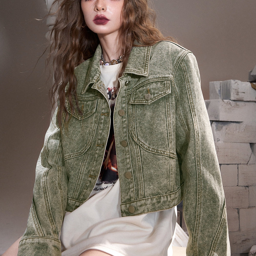 
                  
                    ELFSACK 2024 Autumn New Arrivals Green retro American lapel sweet cool wasteland style denim short jacket for women
                  
                