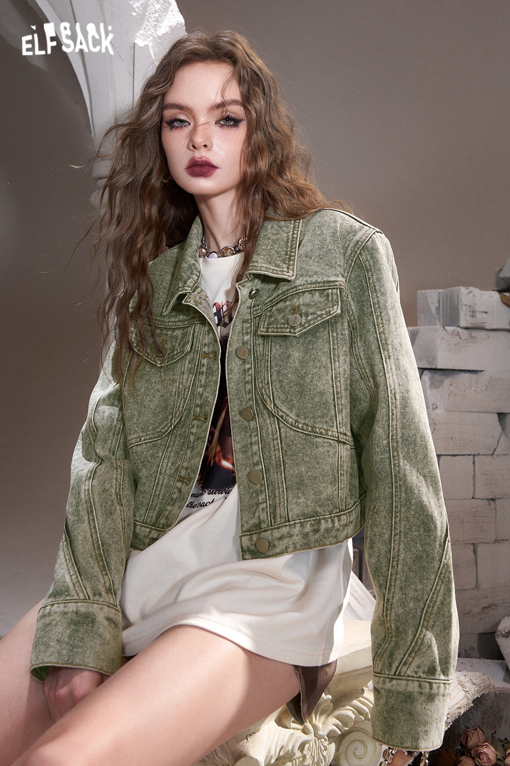 ELFSACK Green retro American lapel sweet cool wasteland style denim short jacket