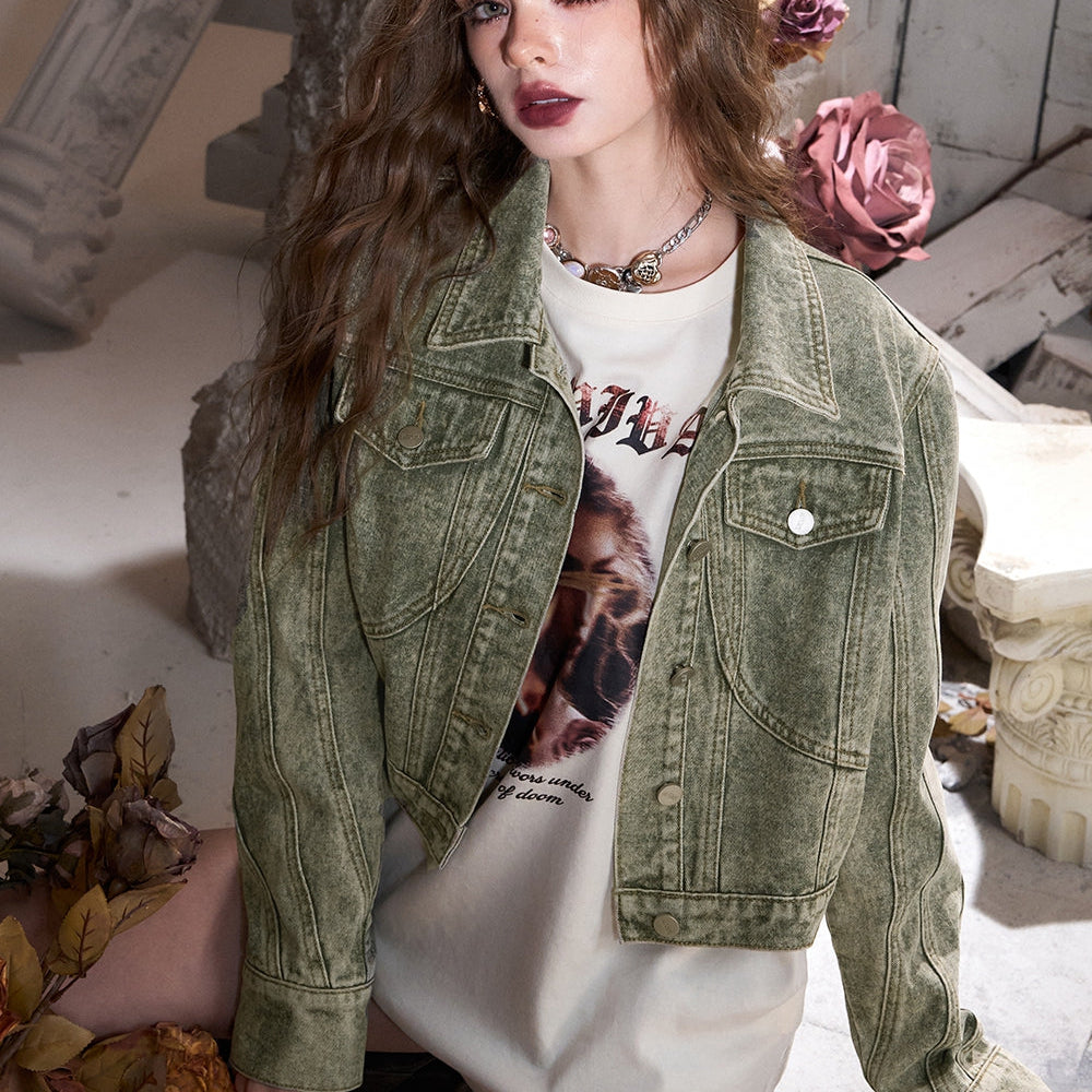 
                  
                    ELFSACK 2024 Autumn New Arrivals Green retro American lapel sweet cool wasteland style denim short jacket for women
                  
                