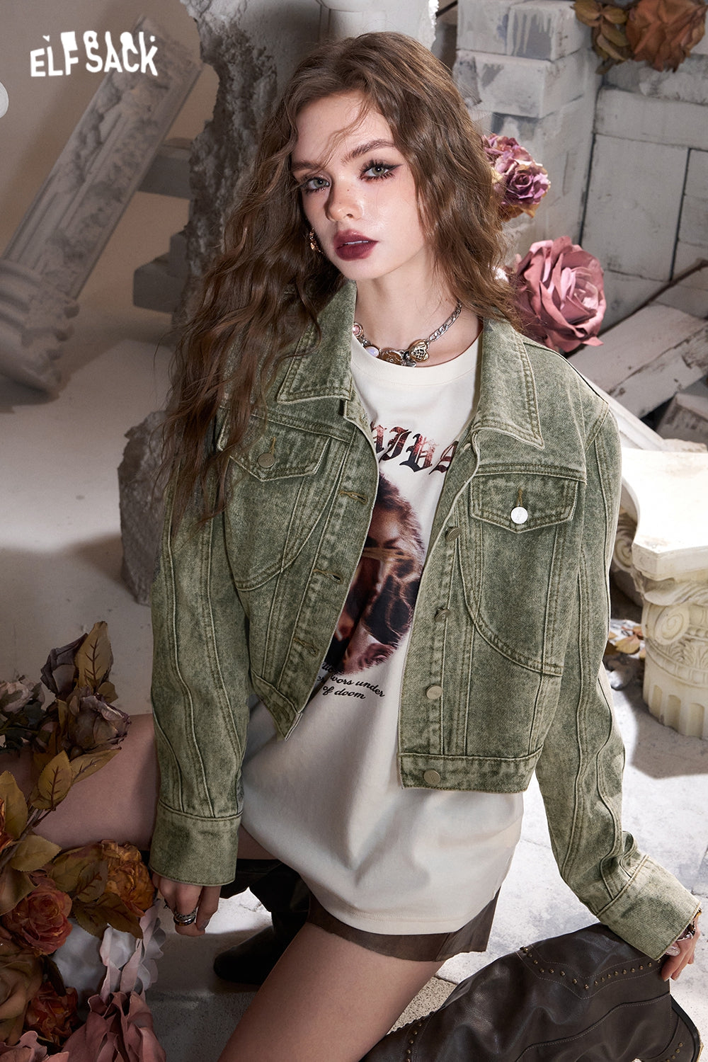 ELFSACK Green retro American lapel sweet cool wasteland style denim short jacket