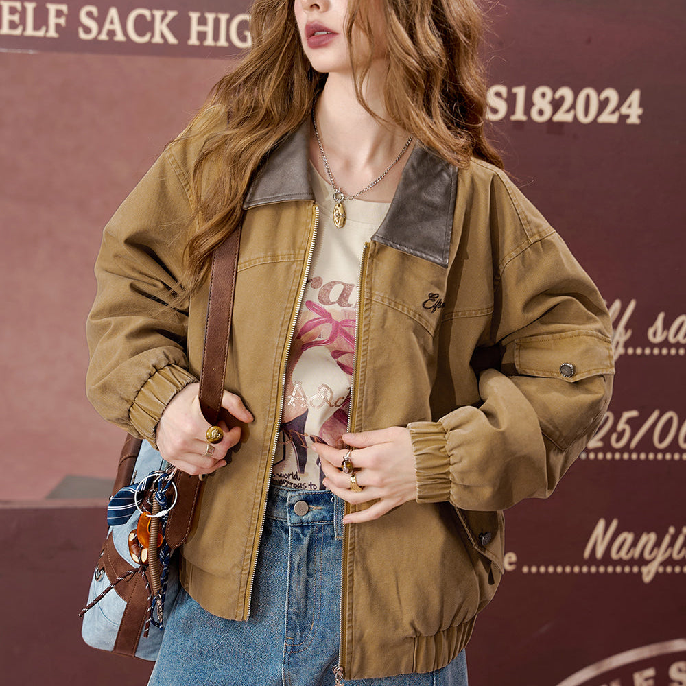 
                  
                    ELFSACK 2024 Autumn New Arrivals Embroidered brown retro casual short coat for women, work jacket
                  
                