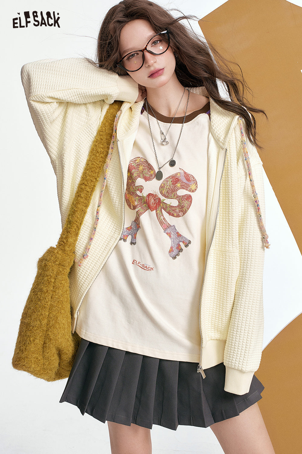 ELFSACK Bread Check Loose Hoodie Jacket Melange College Style