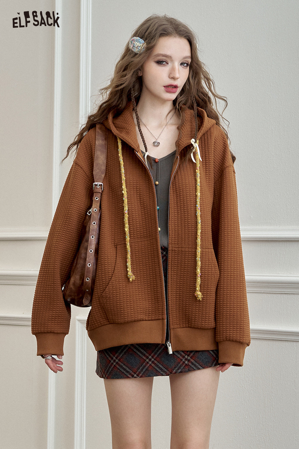 ELFSACK Bread Check Loose Hoodie Jacket Melange College Style