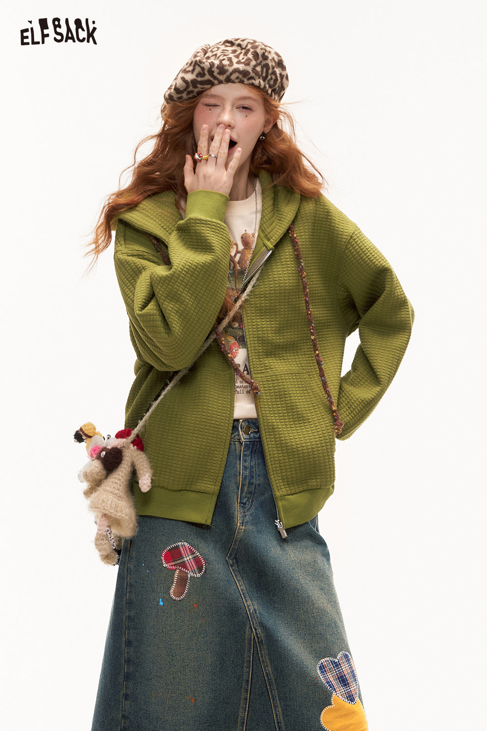 ELFSACK Bread Check Loose Hoodie Jacket Melange College Style