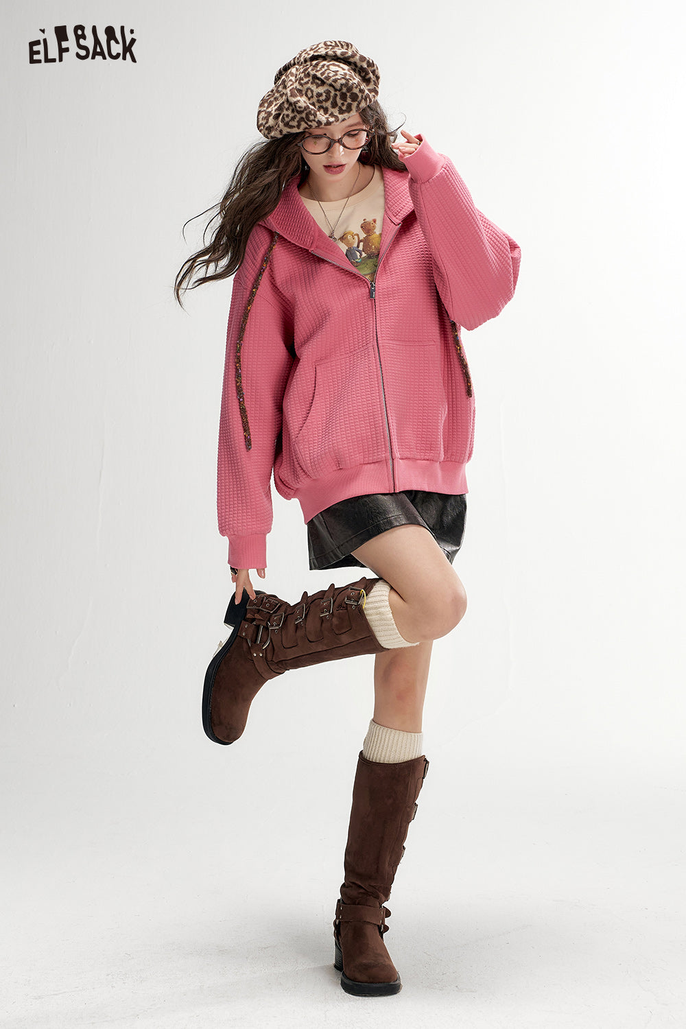 ELFSACK Bread Check Loose Hoodie Jacket Melange College Style