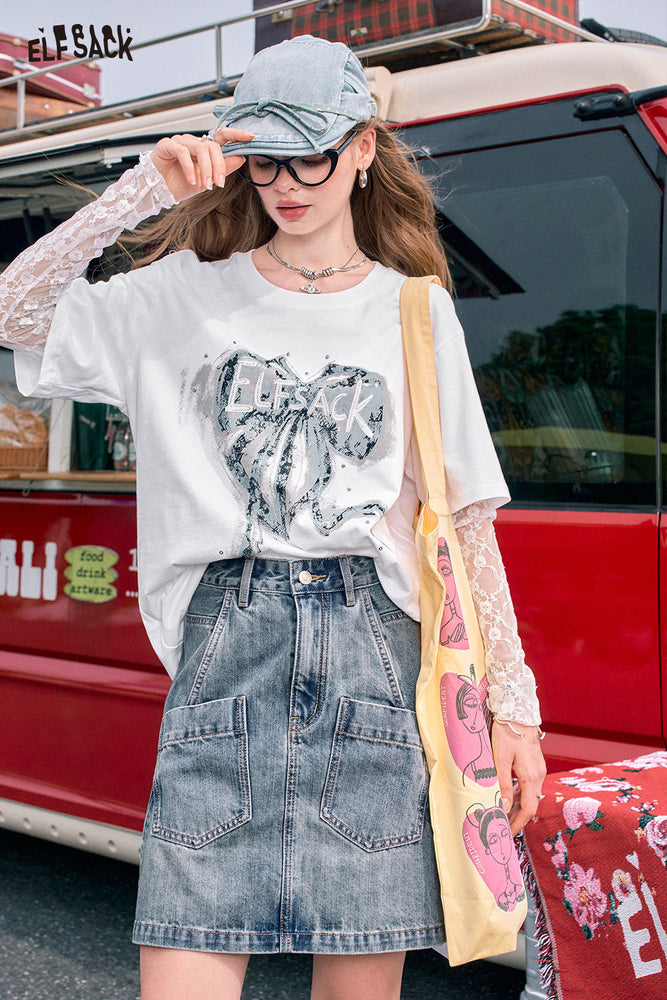 
                  
                    ELFSACK 2024 Summer New Arrivals Bow print fake two piece T-shirt women's lace patchwork long sleeved top
                  
                