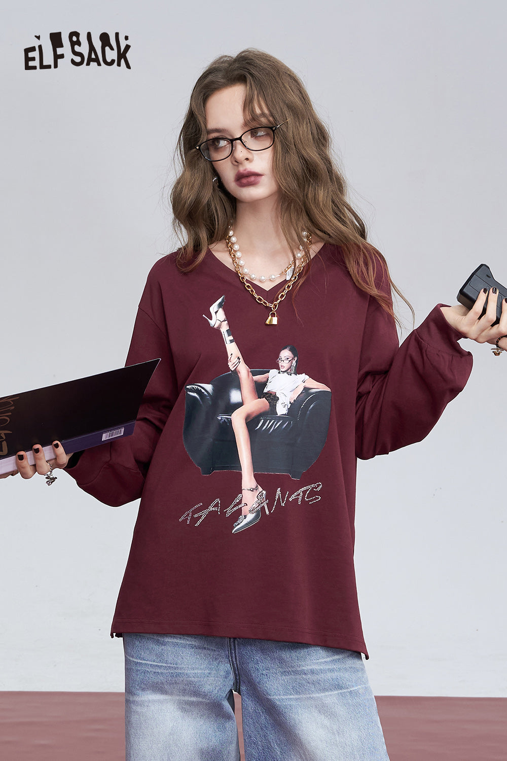 ELFSACK Purple retro v-neck portrait print casual versatile Korean loose thin T-shirt