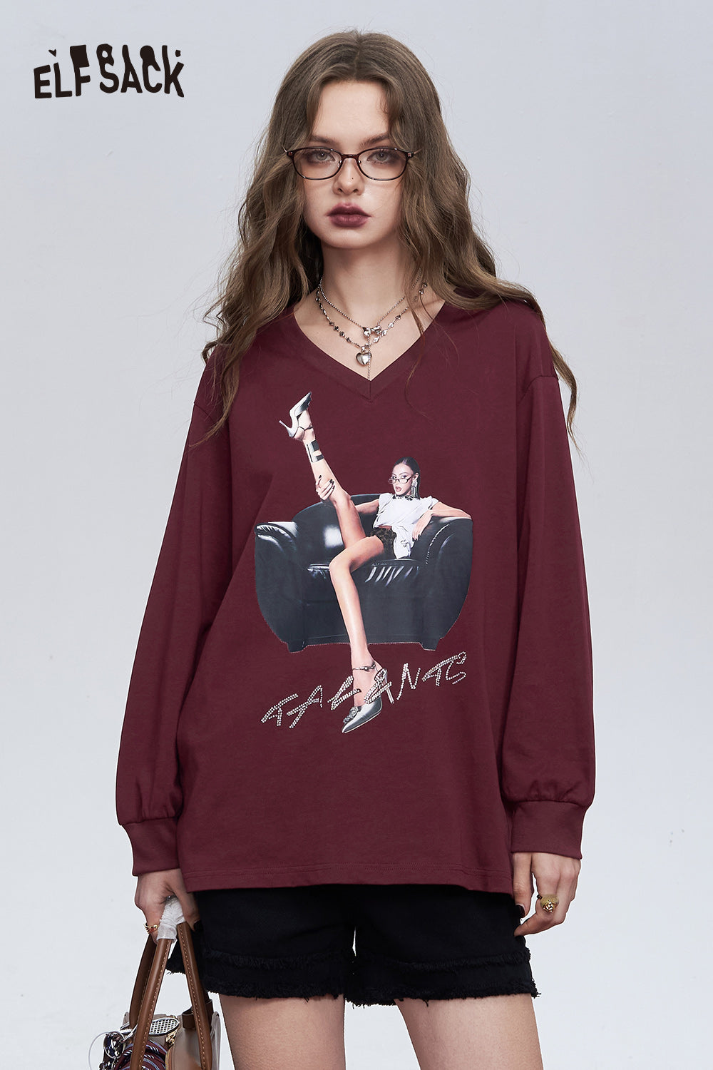 ELFSACK Purple retro v-neck portrait print casual versatile Korean loose thin T-shirt