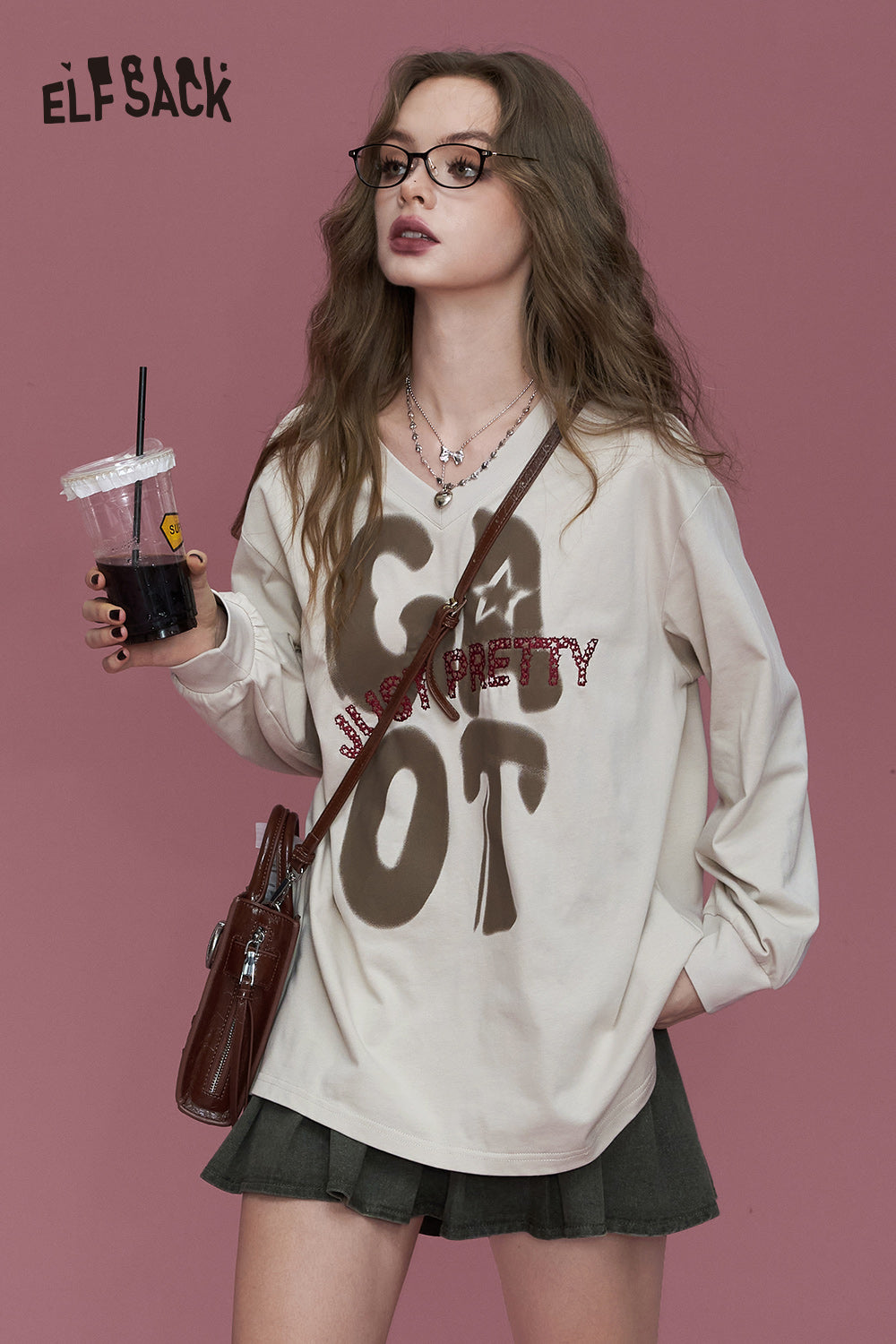 ELFSACK Purple retro v-neck portrait print casual versatile Korean loose thin T-shirt