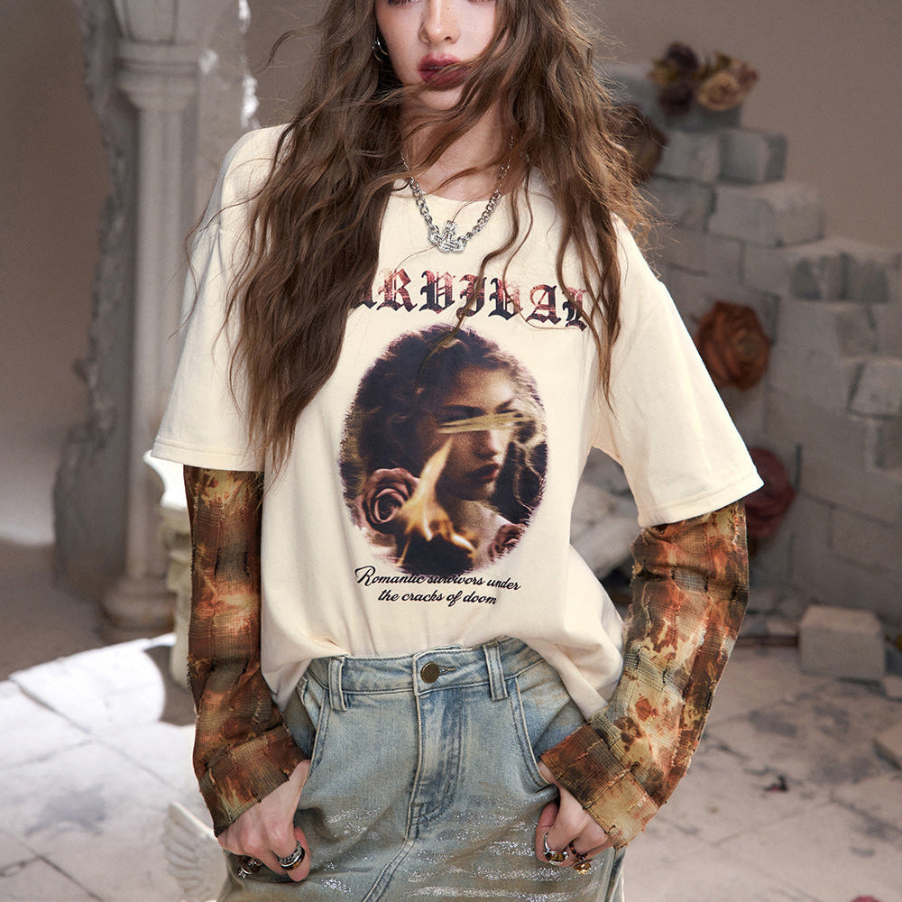 
                  
                    ELFSACK 2024 Autumn New Arrivals Off-white fake two-piece stitching print stylish unique and chic T-shirt for women
                  
                