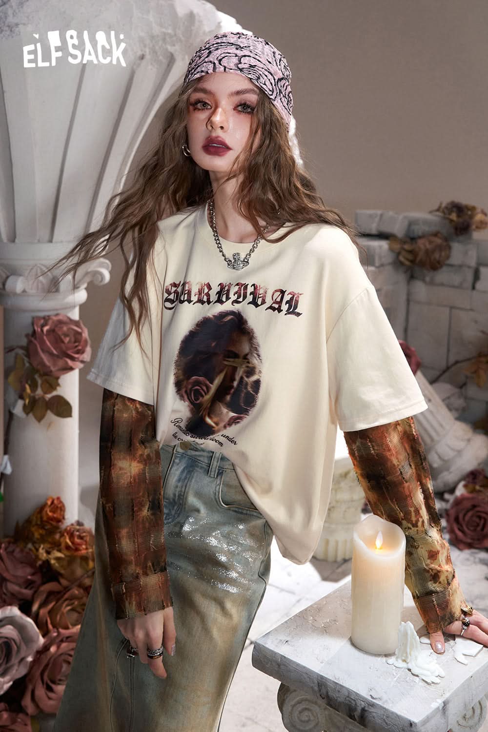 ELFSACK Off-white fake two-piece stitching print stylish unique and chic T-shirt